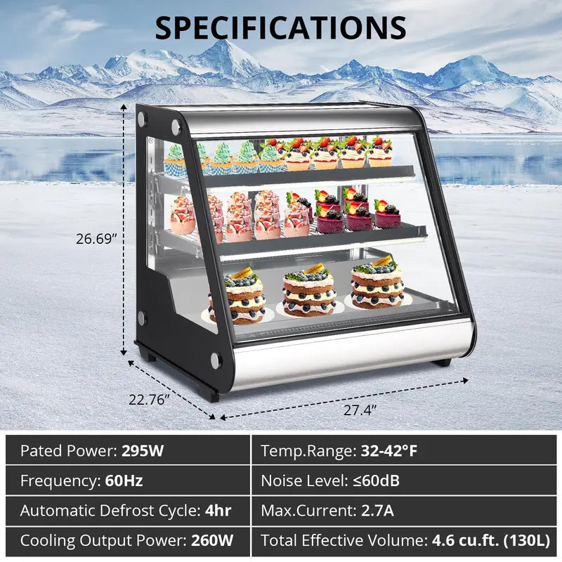 2025 Commercial Countertop Refrigerated Display Case  130L Auto-Defrost Unit with Tempered Glass & LED Lighting