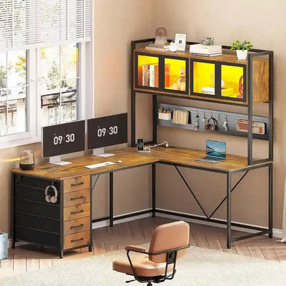L-Shaped Gaming Desk with Pegboard Wall System, Five-Drawer Organizer, and Shelf Storage