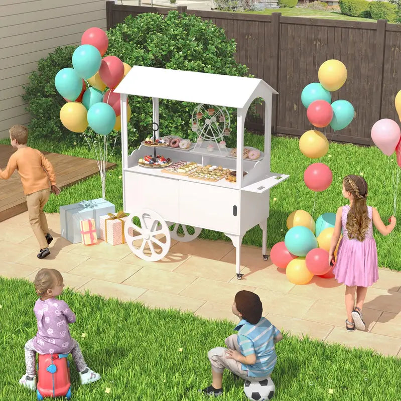 Wooden Dessert Cart with Wheels  Mobile Candy or Party Serving Station with Cabinet Storage
