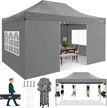 COBIZI 10×20 ft Commercial Pop-Up Canopy Tent  Heavy-Duty Frame, 6 Sidewalls, Wind/Waterproof Gazebo with Roller Bag