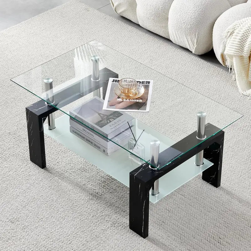 Contemporary Rectangle Coffee Table  Glass-Topped Living Room Side Table with Wooden Legs, Ideal for Waiting Areas