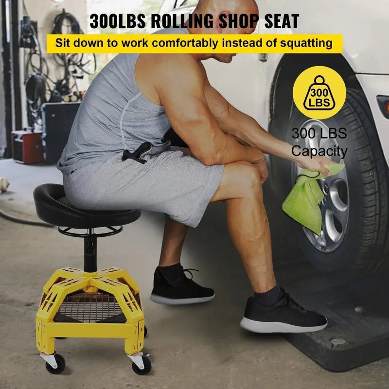 Heavy-Duty Rolling Mechanic Stool  Adjustable Height Garage Seat with 360° Swivel and Industrial-Grade Casters