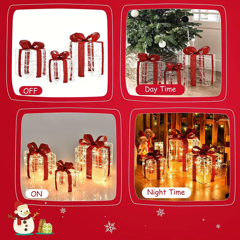 Lighted Christmas Gift Box Ornaments  Set of 3 White LED-Illuminated Decorative Boxes