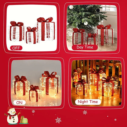 Lighted Christmas Gift Box Ornaments  Set of 3 White LED-Illuminated Decorative Boxes