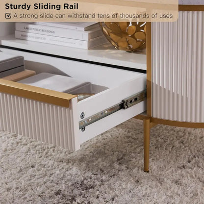 OKD 48-Inch Oval Grooved Coffee Table  Imitation Marble Top, Gold Trim, Curved Contour Design with Drawers