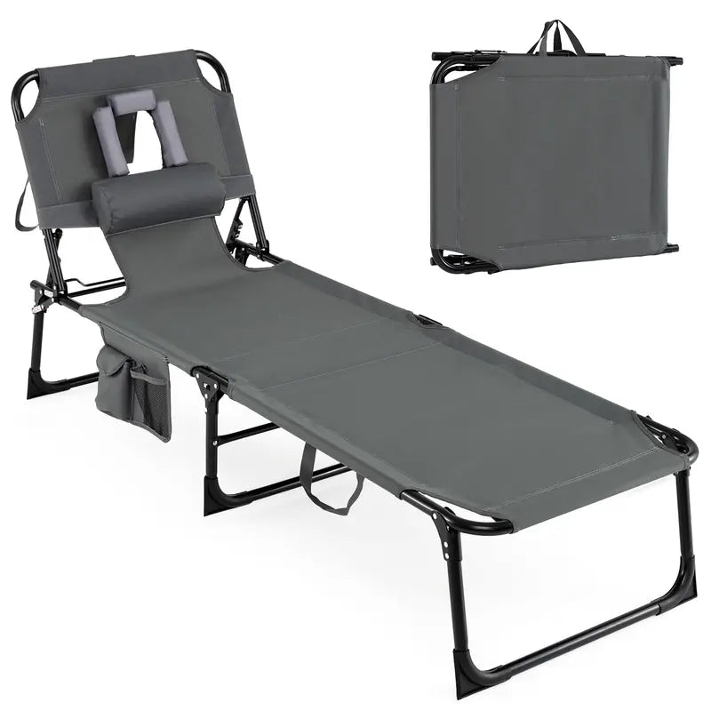 Adjustable Beach Lounge Chair  Folding Sun Lounger with 4-Position Reclining Backrest