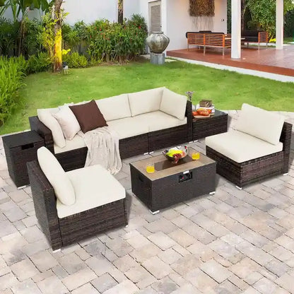 8-Piece All-Weather Rattan Patio Set  Fire Pit Table, Tank Holder, Cover, and Deck Accessories