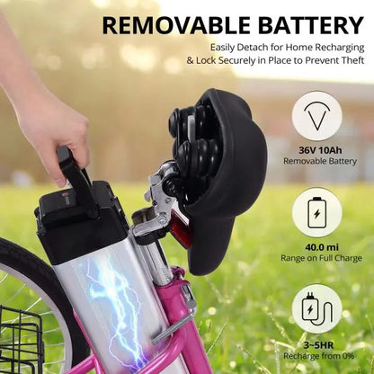 Adult Electric Tricycle  7-Speed Folding Trike, 24-Inch Wheels, 36V 10Ah Removable Battery, 250W Motor, Pink