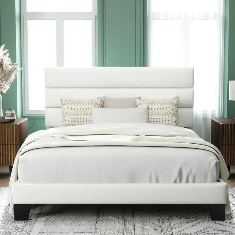 Allewie King Platform Bed Frame  Velvet-Upholstered Headboard with Solid Wood Slats