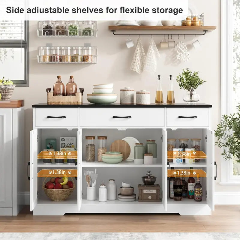 HOSTACK Modern Farmhouse Buffet Cabinet  55-Inch Wooden Sideboard with Drawers, Shelves & Doors for Coffee Bar or Dining Room Storage