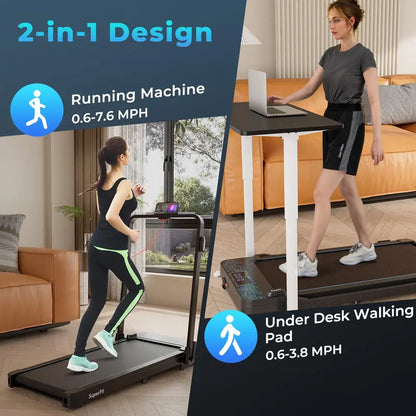 Dual-Function Folding Treadmill  300 LB Capacity Walking Pad with Handlebar, Remote & App Control, Under-Desk Design