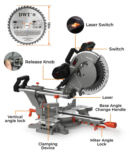 DWT 12-Inch Sliding Compound Miter Saw  Precision Cutting for Woodworking