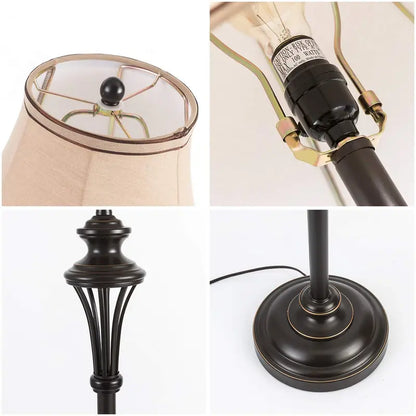 Smeike 3 Pack Vintage Style Table and Floor Lamp Set in Bronze Finish with Brown Fabric Lamp Shades