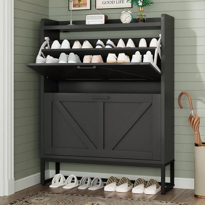 Compact Shoe Storage Cabinet Featuring Two Flip Drawers and One Adjustable Shelf