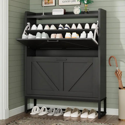 Compact Shoe Storage Cabinet Featuring Two Flip Drawers and One Adjustable Shelf