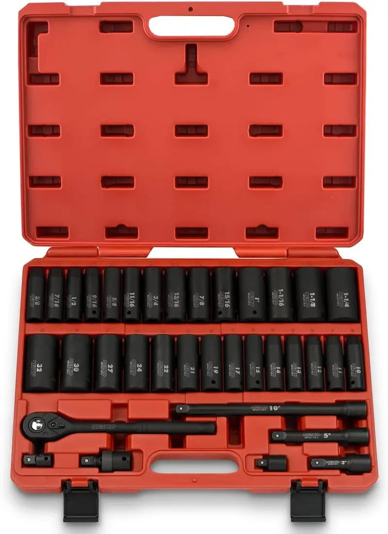 02448A 1/2-Inch Drive Impact Socket Set  65-Piece Master Kit Covering SAE (3/8″1-1/4″) and Metric (1024 mm), Includes Deep/Shallow Sockets, Adapters & Ratchet