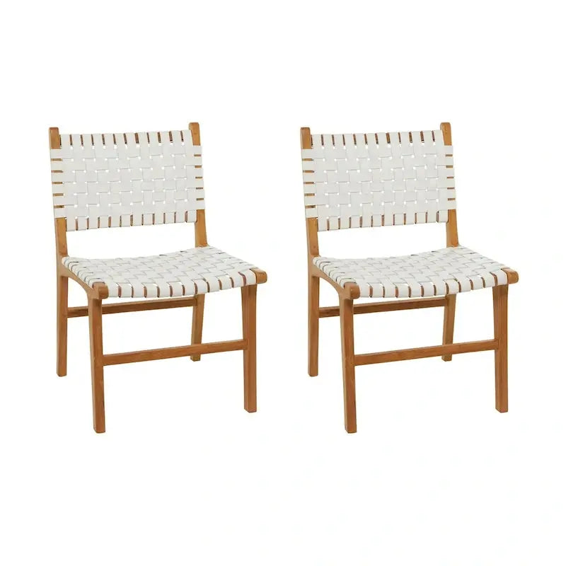 Handwoven Leather Dining Chairs with Teak Frames  Set of Two in Brown, White, or Black