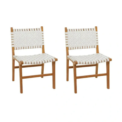 Handwoven Leather Dining Chairs with Teak Frames  Set of Two in Brown, White, or Black