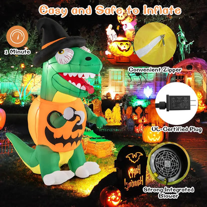 6 ft Inflatable Pumpkin Dinosaur  Yard-Sized Halloween Decoration with Integrated LED Lights & Witch Hat