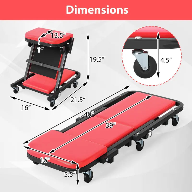 Rolling Z-Style Folding Mechanic Creeper Seat with Six Swivel Casters
