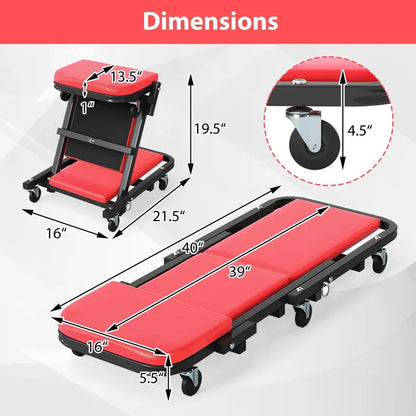 Rolling Z-Style Folding Mechanic Creeper Seat with Six Swivel Casters