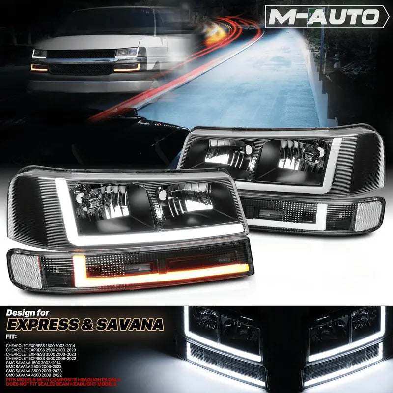 Set of 4 LED Running Light Bars (L+R) with Black Headlights &amp; Bumper Signals  Direct-Fit Upgrade for 20032023 Chevrolet Express Vans