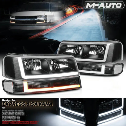 Set of 4 LED Running Light Bars (L+R) with Black Headlights &amp; Bumper Signals  Direct-Fit Upgrade for 20032023 Chevrolet Express Vans