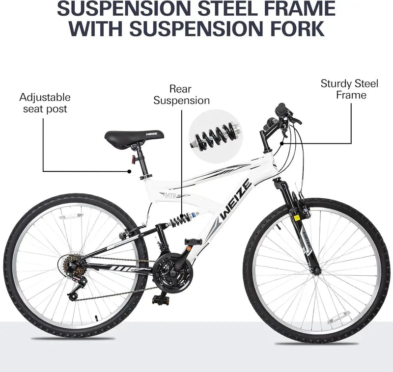 WEIZE Dual-Suspension Mountain Bike  26″ or 27.5″ Hybrid Off-Road Bicycle for Adults, 18-Speed Shimano Drivetrain, Steel Frame, Adjustable Ergonomic Saddle