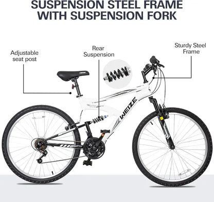 WEIZE Dual-Suspension Mountain Bike  26″ or 27.5″ Hybrid Off-Road Bicycle for Adults, 18-Speed Shimano Drivetrain, Steel Frame, Adjustable Ergonomic Saddle