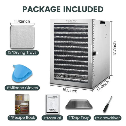 Cercker 12-Tray Food Dehydrator  Stainless Steel Racks, Precise Temperature Control for Healthy Snacks
