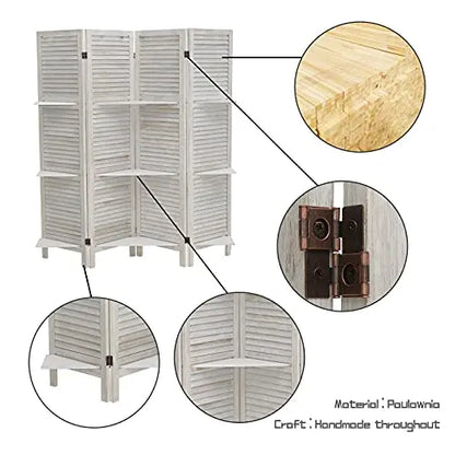 ECOMEX 4-Panel Folding Room Divider  White Privacy Screen with Built-In Shelves