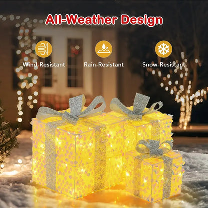 Set of 3 Laser-Finish Lighted Christmas Gift Boxes with Fish-Scale Texture