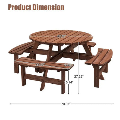 8-Person Fir Wood Round Picnic Set  Outdoor Patio Dining with Built-In Benches & Umbrella Hole