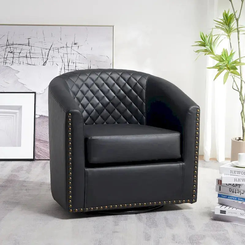 KINWELL Swivel Barrel Chair  29″ Wide Tufted PU Leather Accent Seating with 360° Rotation