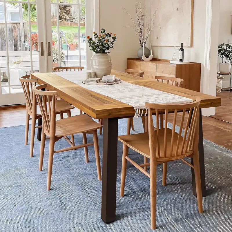 Devoko Acacia Wood Dining Table  Rustic 6-Person Indoor/Outdoor Table with Iron Legs & Sandblasted Natural Finish (69″ x 33″ x 30″)