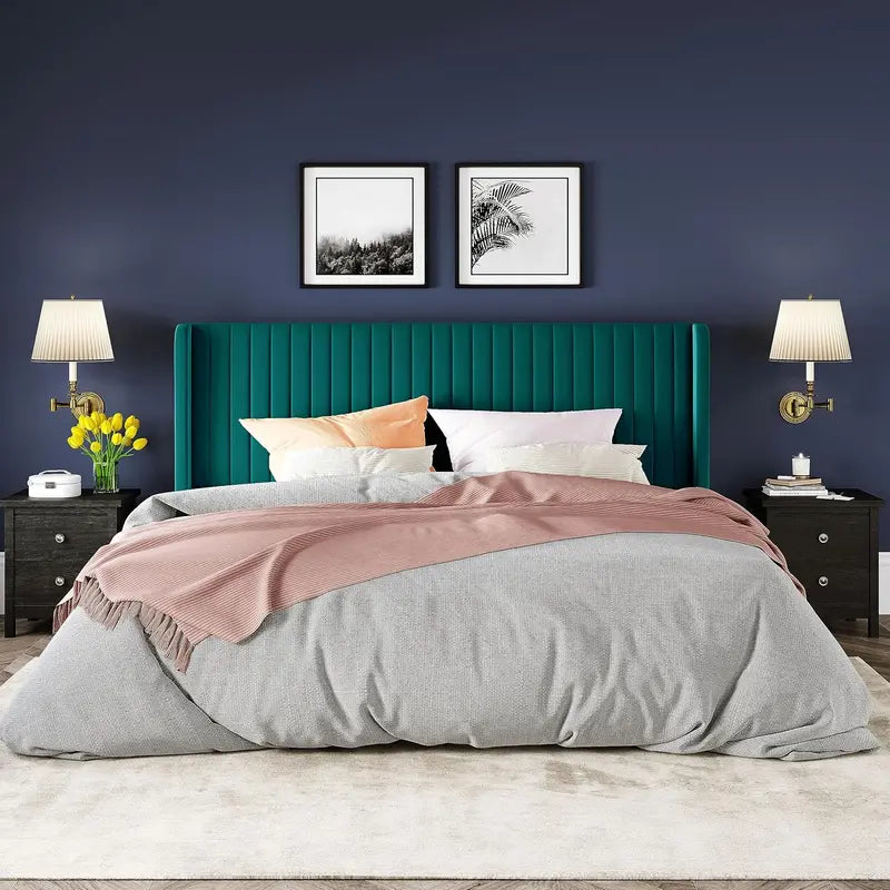 Allewie Full Size Velvet Wingback Bed  Channel-Tufted Upholstered Frame with Vertical Headboard