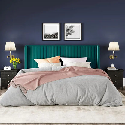 Allewie Full Size Velvet Wingback Bed  Channel-Tufted Upholstered Frame with Vertical Headboard