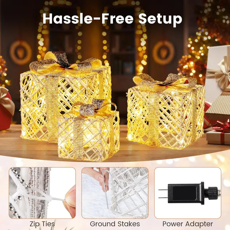 Set of Three Lighted Gift Box Ornaments ¡ª 90 LEDs Total, Festive Bow Accents for Indoor or Outdoor Use