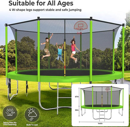 16-Foot Upgraded Trampoline with Enclosure Net and Adjustable Basketball Hoop