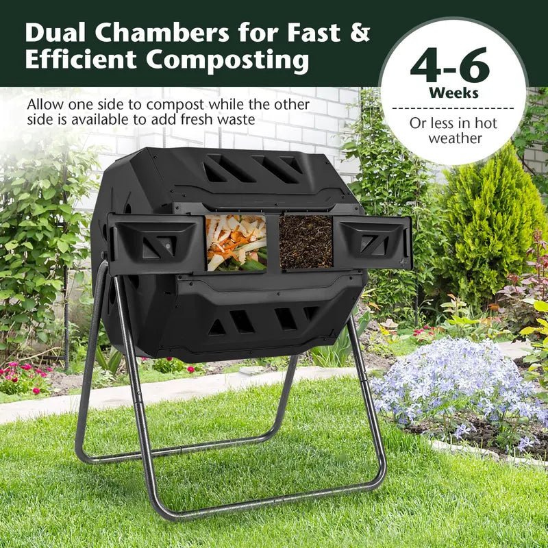 Dual-Chamber Compost Tumbler  42-Gallon Rotating Bin with Sliding Doors & Reinforced Steel Frame