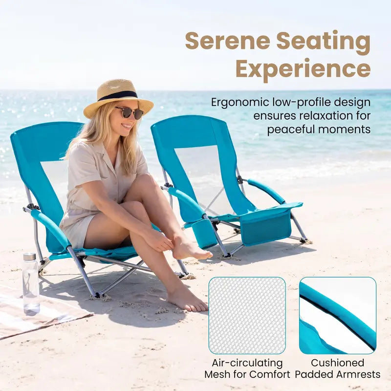 Set of Two Lightweight Folding Beach Chairs  Low-Profile Portable Camp Seating for Adults