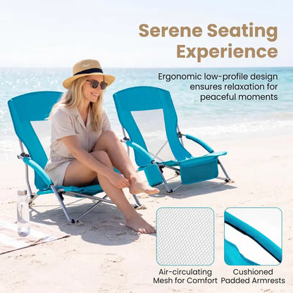 Set of Two Lightweight Folding Beach Chairs  Low-Profile Portable Camp Seating for Adults