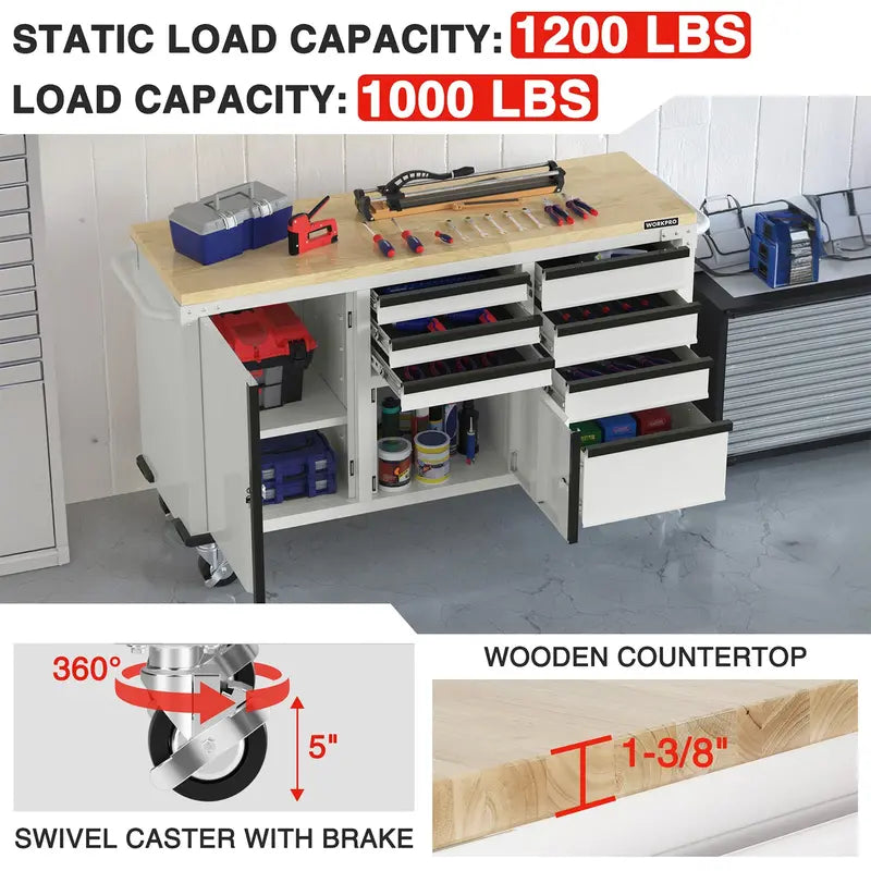 WORKPRO Heavy-Duty Rolling Tool Cabinet — 7-Drawer, 2-Door, 1000 lb Capacity with Locking System & Power Strip