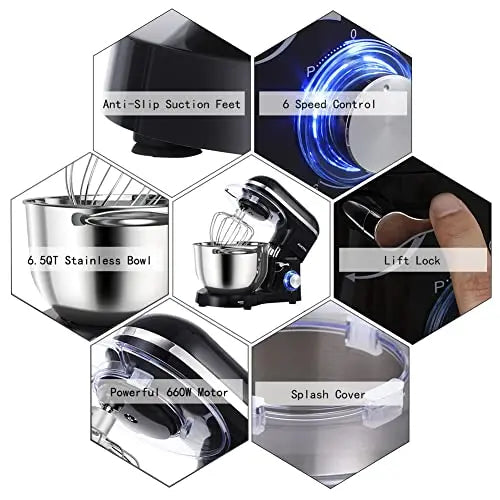 Aucma 6.5-Quart 660W Tilt-Head Stand Mixer  6-Speed Kitchen Food Mixer with Stable Base