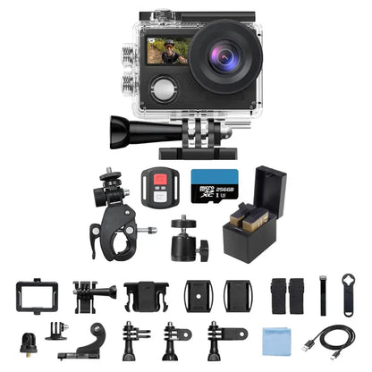 Dual-Screen 4K Action Camera Kit with Waterproof Housing, WiFi, and Mount Accessories