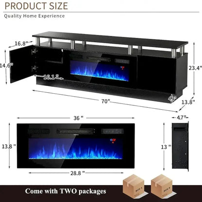 70-Inch TV Stand with Built-In 36-Inch Electric Fireplace & Customizable Shelving