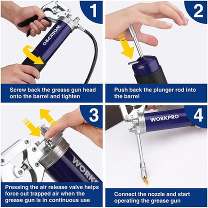 WORKPRO Pistol-Grip Grease Gun Kit  18″ Flexible Hose, 2 Fixed Tubes, 3 Nozzles, 14 oz Capacity, 4000 PSI Output