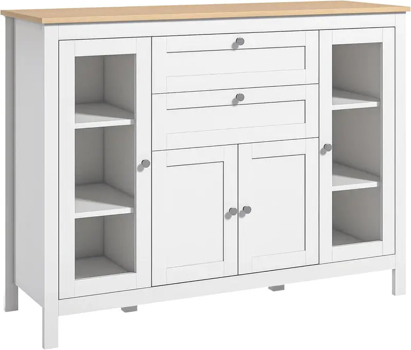 Oak-and-White Coffee Bar Sideboard — Glass-Door Cabinet with 2 Drawers, 3 Compartments & Adjustable Shelving