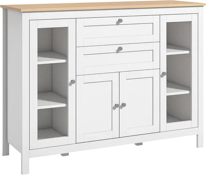 Oak-and-White Coffee Bar Sideboard — Glass-Door Cabinet with 2 Drawers, 3 Compartments & Adjustable Shelving