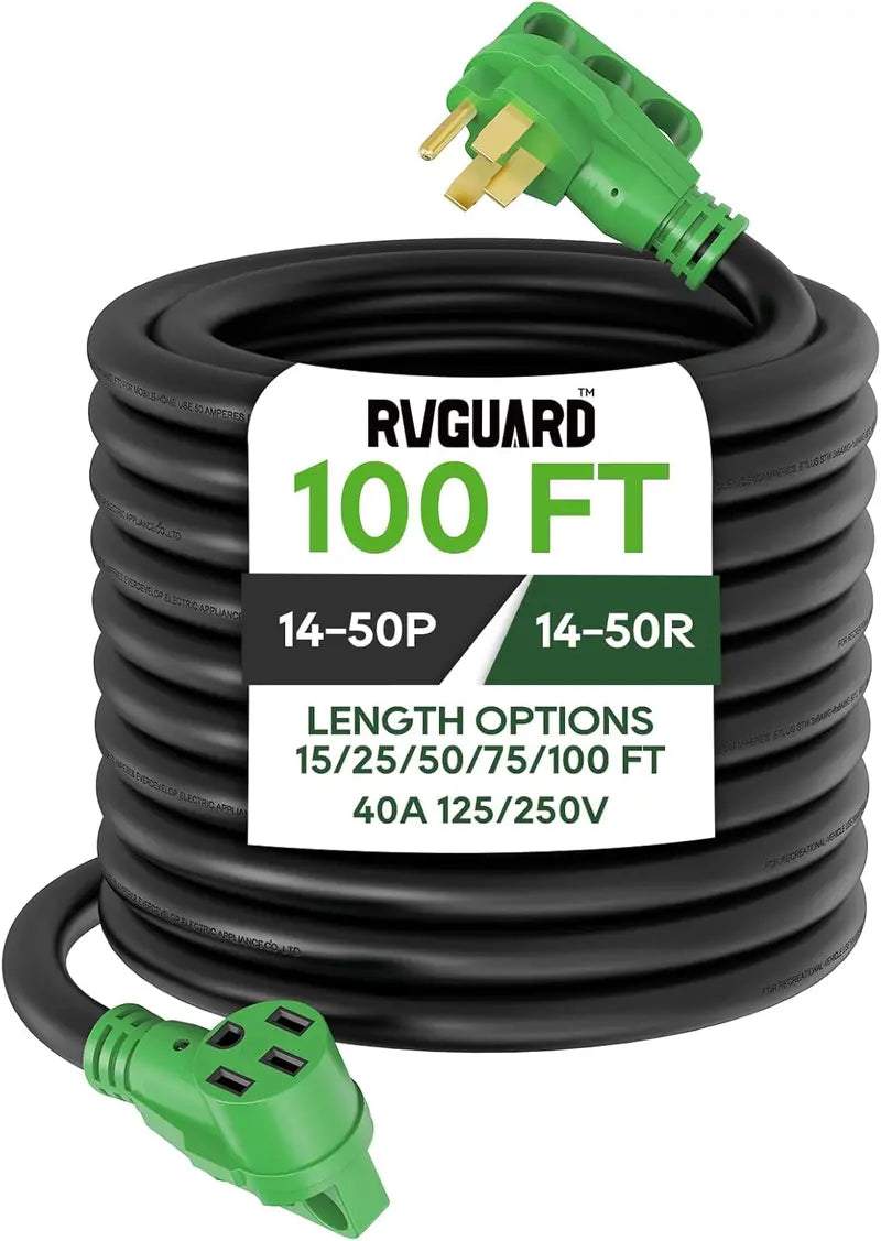 100-Foot NEMA 14-50P/R RV/EV Extension Cord  40A Heavy-Duty Cable with LED Power Indicator & Built-in Organizer (Green)